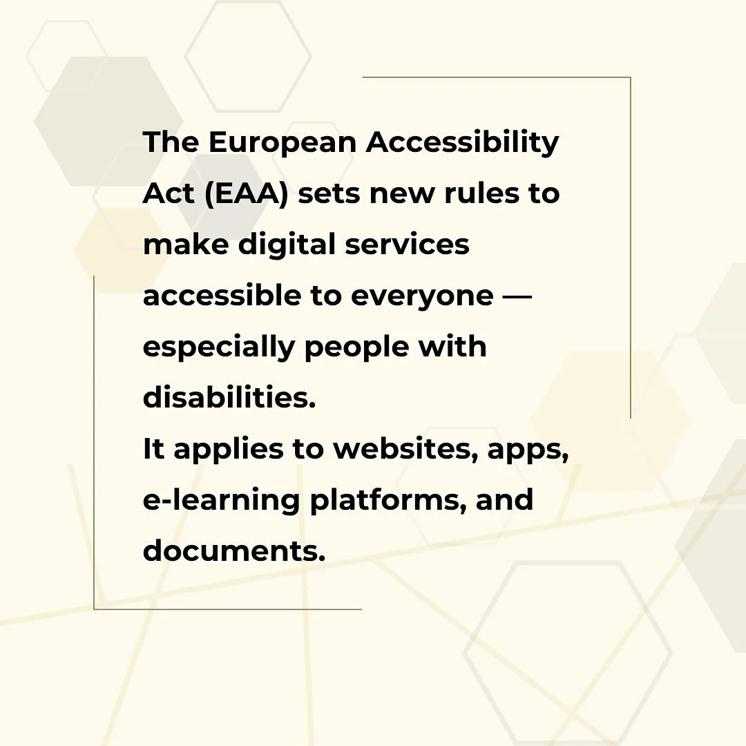 Caption:
📘 What is the European Accessibility Act (EAA)?
It&rsquo;s a directive that ensures all digital services &mdash; including e-learning &mdash; are accessible to everyone, especially people with disabilities.
#DigitalInclusion #Accessibili