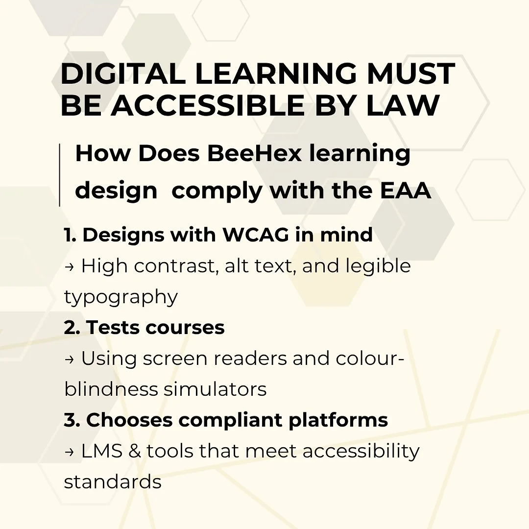 🐝How BeeHex ensures digital learning is EAA-compliant
✨We don&rsquo;t just talk accessibility &mdash; we build it into every step of our course design.
🐝Want help reviewing your digital course? Drop us a message 💬
#EAACompliance #AccessibleLear