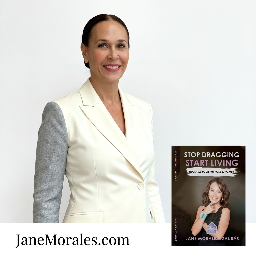 A woman with dark hair in a professional white and gray suit standing next to a book titled "Stop Dragging Start Living" by Jane Morales-Maurás, with a smiling portrait of the author on the cover.