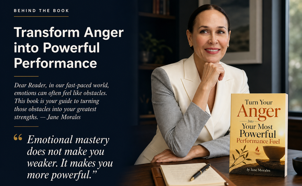 A woman sitting at a desk smiling with her hand resting on her chin next to a book titled "Turn Your Anger Into Your Most Powerful Performance Fuel" by Jane Morales, with a notebook and pen on the table.