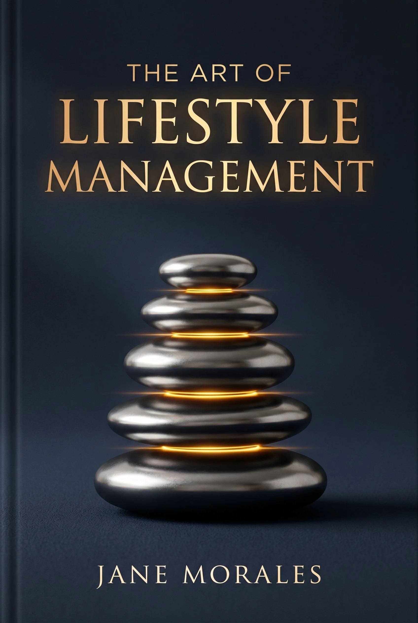 Book cover titled "The Art of Lifestyle Management" by Jane Morales. The cover features a stack of metallic, pebble-shaped objects with glowing light beneath each, set against a dark background.