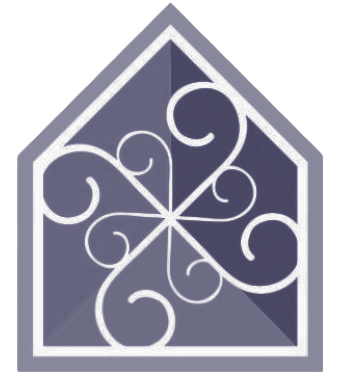 A decorative house-shaped design with ornate white scrollwork on a dark background.