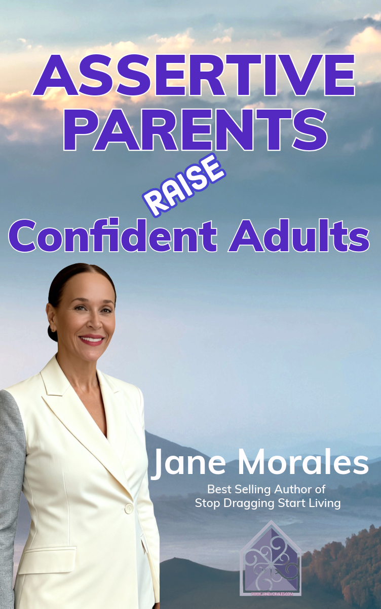 Book cover titled "Assertive Parents Raise Confident Adults" by Jane Morales, featuring a smiling woman in a white blazer against a scenic mountain landscape background.