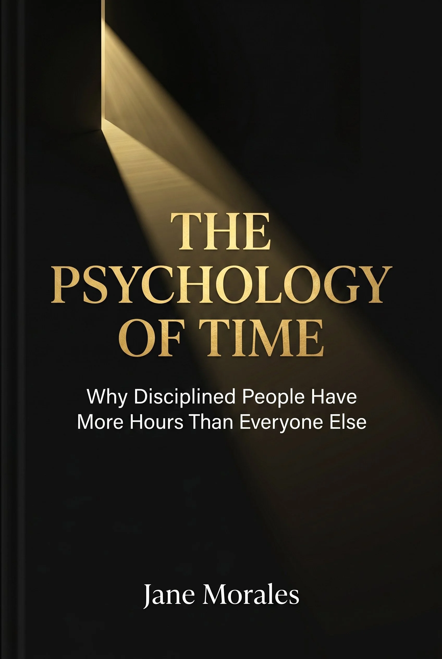 Book cover for 'The Psychology of Time: Why Disciplined People Have More Hours Than Everyone Else' by Jane Morales, featuring a dark background with a beam of light and gold text.