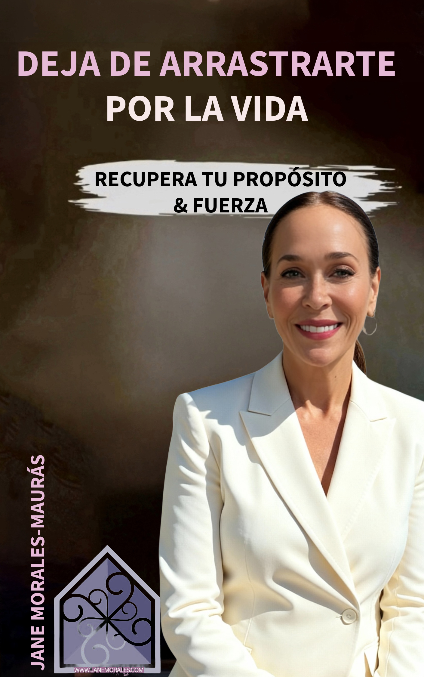 A woman in a white blazer smiling in front of a dark background with text in Spanish about life and purpose.