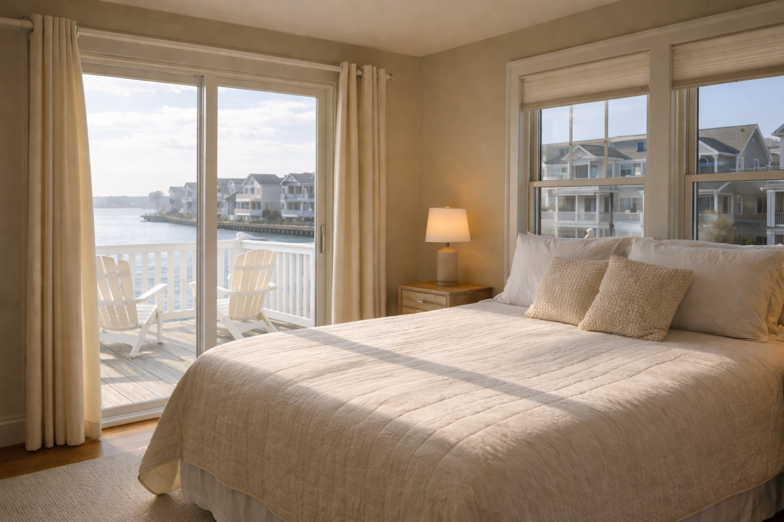 A bedroom with a bed featuring white bedding and two decorative beige pillows, a wooden nightstand with a table lamp, and large windows showing a riverside view with balconies of neighboring houses. as seen as an example of an Short term rental.