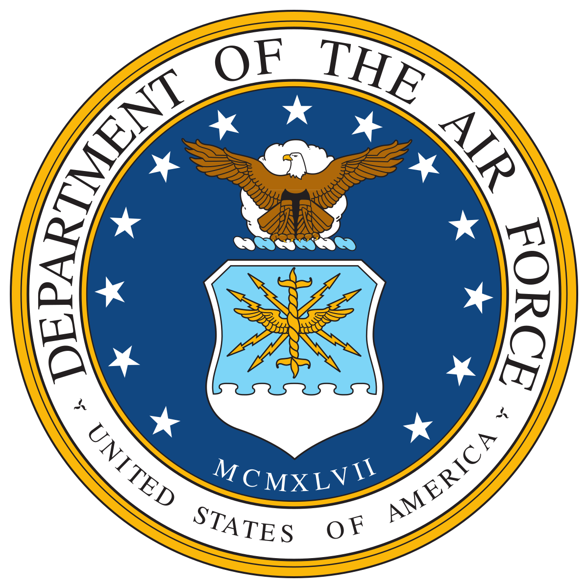 The official seal of the Department of the Air Force featuring an eagle and a shield with a lightning bolt and wings, surrounding text in a circular pattern.