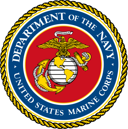 The official emblem of the United States Department of the Navy, featuring a gold eagle, globe, and anchor on a red background, with a blue border reading 'United States Marine Corps' and 'Department of the Navy'.