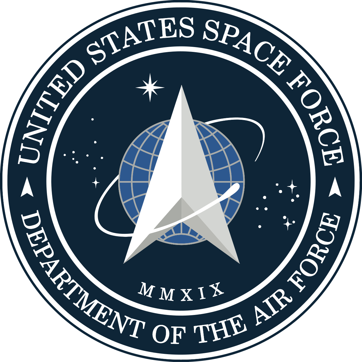 Emblem of the United States Space Force featuring a silver delta wing, a globe with longitude and latitude lines, an orbiting ring, stars, and the Roman numerals MMXIX.