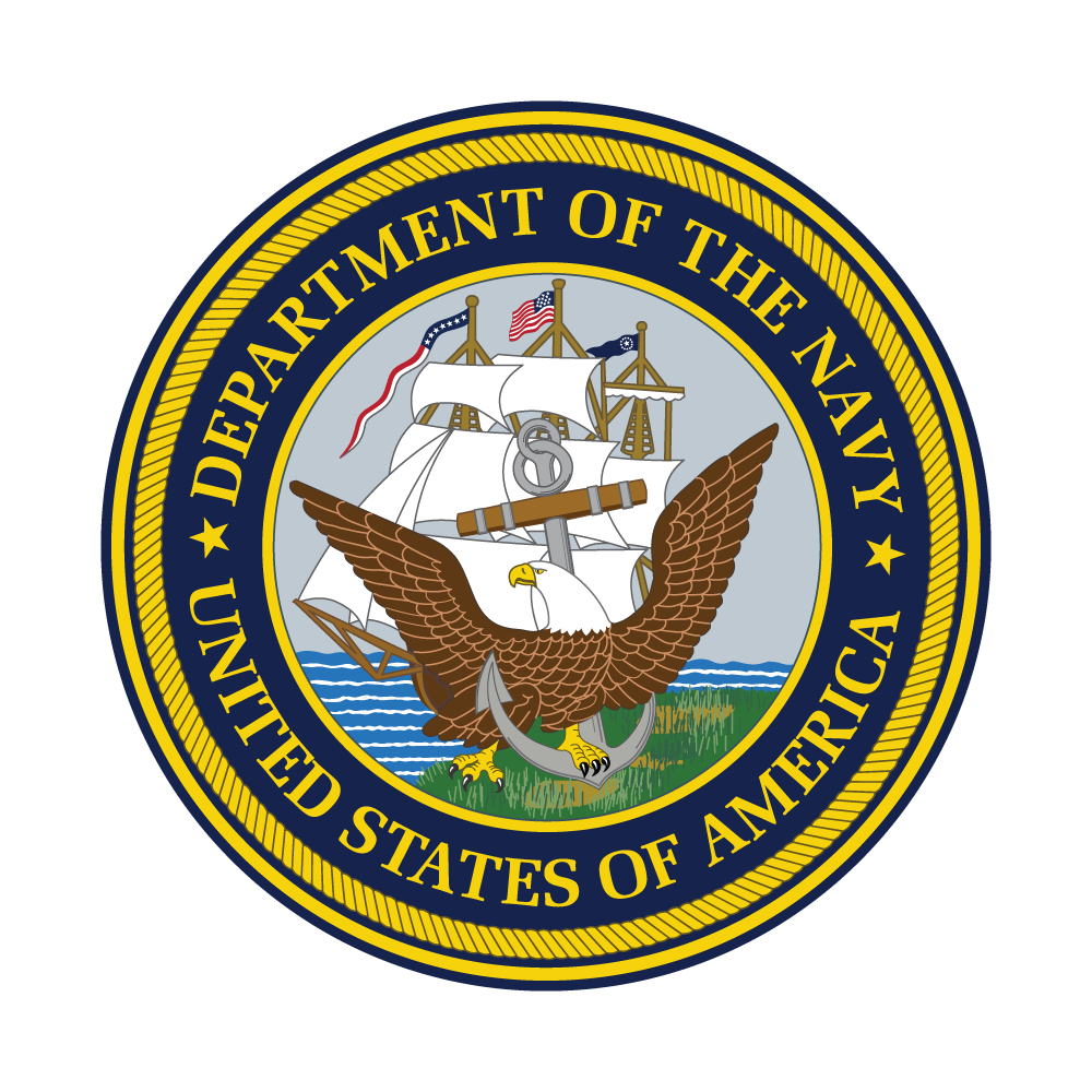 The official seal of the Department of the Navy of the United States of America, featuring an eagle clutching an anchor, with a sailing ship and American flags in the background, surrounded by a blue and gold circular border with yellow text.