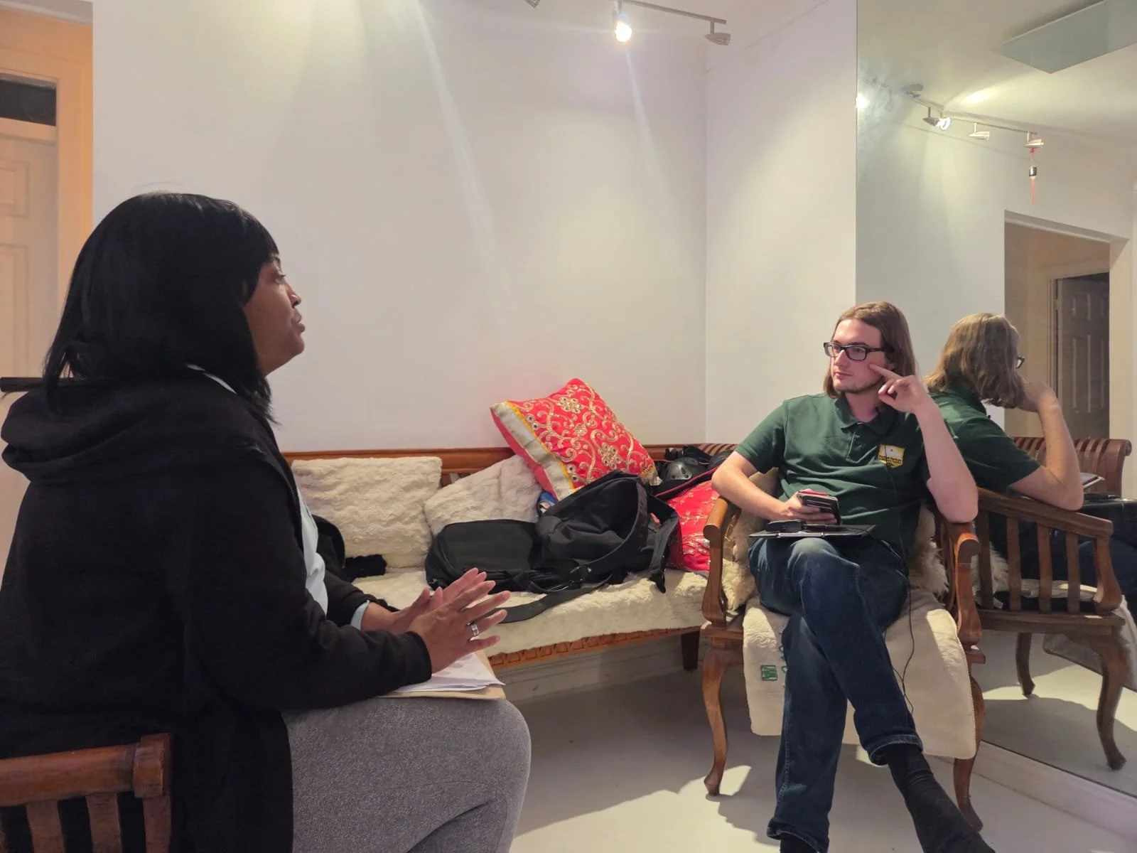 Ollie Mills interviewing Evadne Toya Abrahams