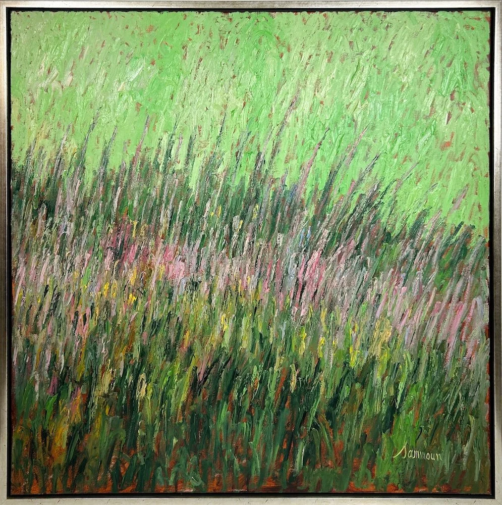 Samir Sammoun  Dream II, impressionist style oil painting of a green field tall grass with hints of pink and yellow flower