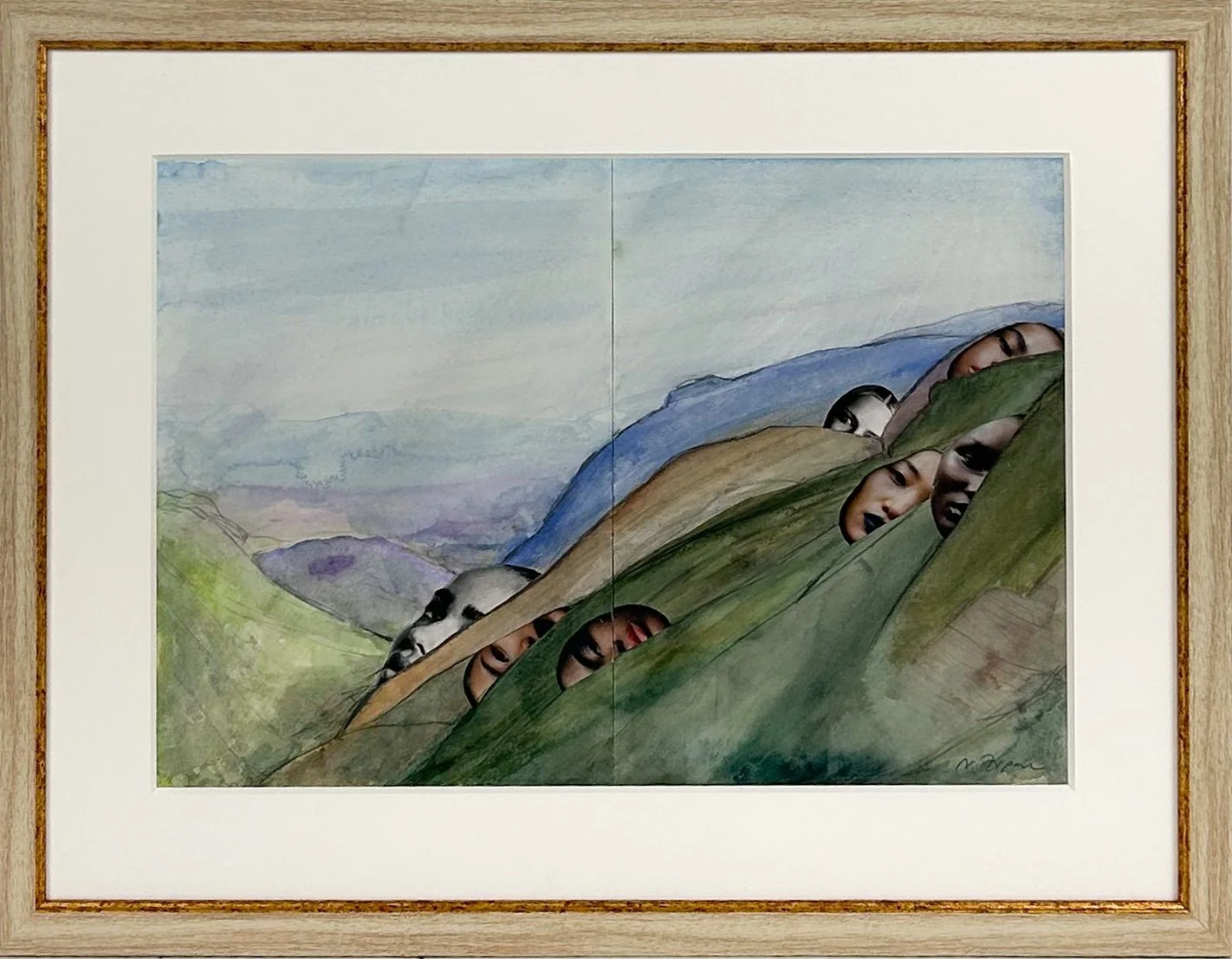 Natasha Zupan Afterglow #44, framed watercolor hill landscape with faces collaged in between hills