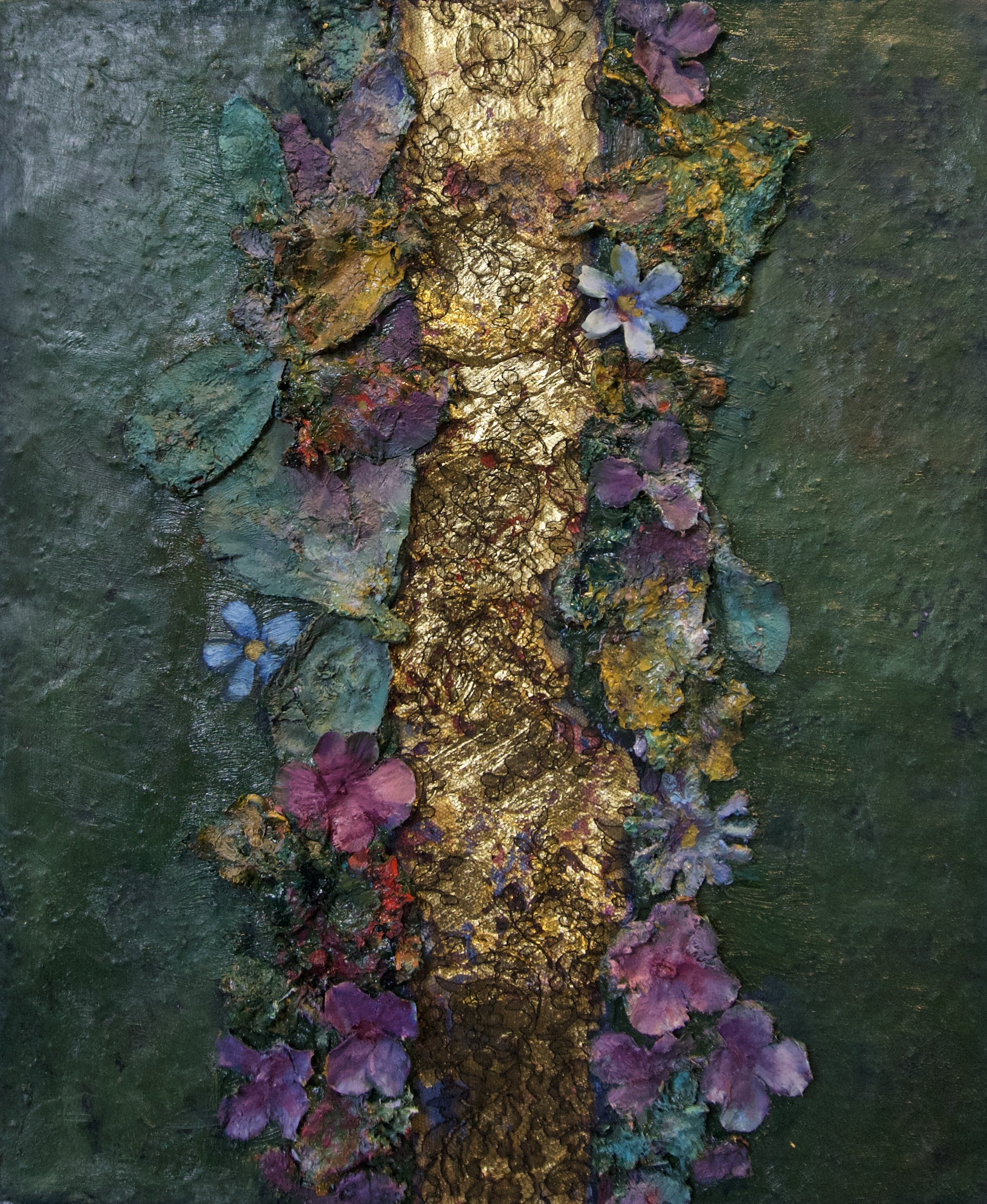 Natasha Zupan - Afterglow #14, mixed media collage on wood with dark forest green and a gold foil strip splitting down the middle with florals along the seams