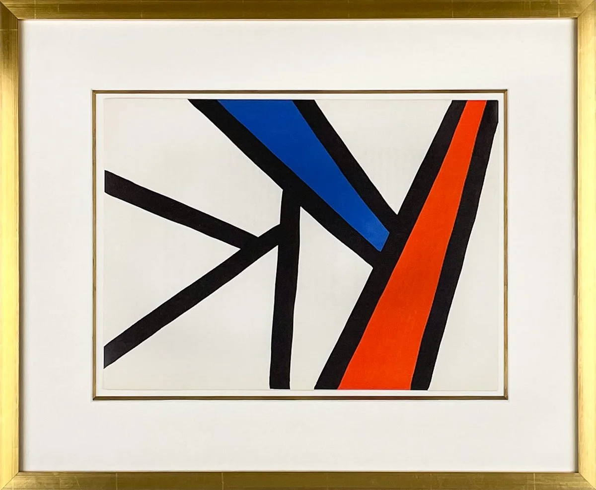 Calder Derriere le Miroir 173 black and white lines on white paper with streaks of blue and red