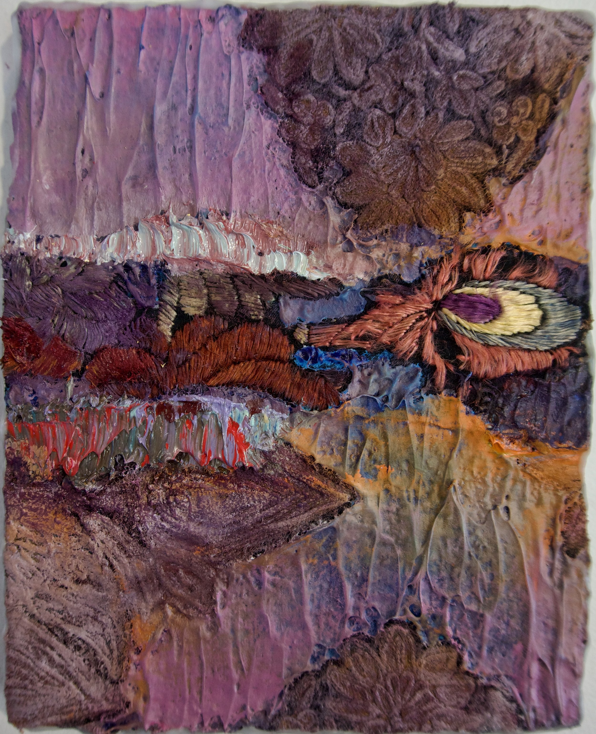 Natasha Zupan - Afterglow #29, mixed media collage with fabric, floral patterns and thick textured paint