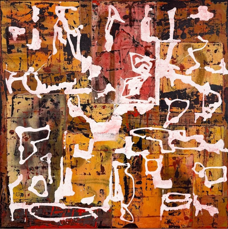 Susan Coley Hieroglyph, abstract painting in dark brown with white pink thick lines on surface