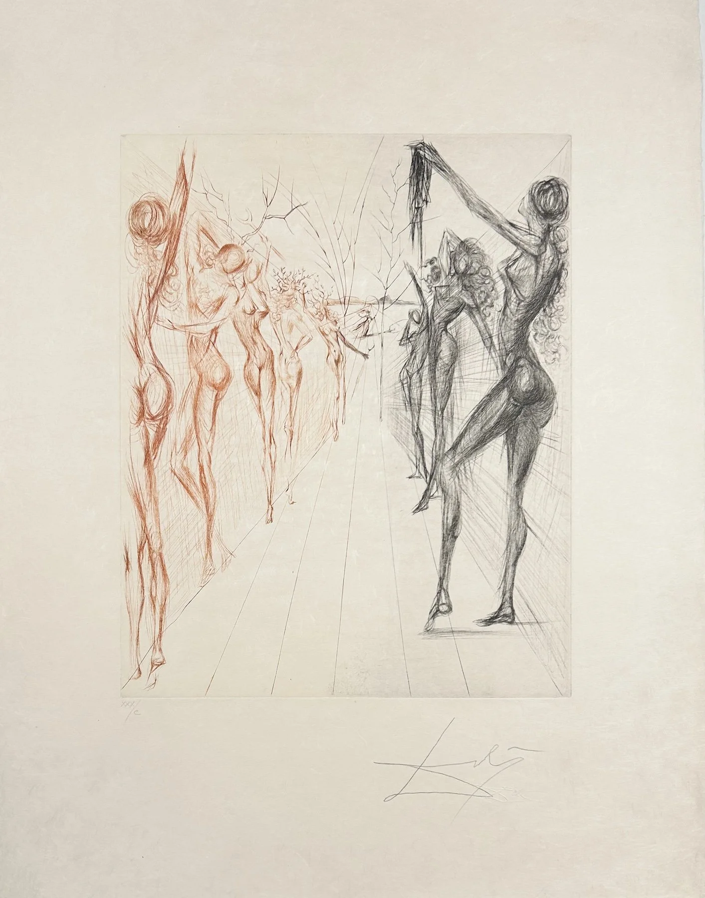 Salvador Dalí Katmandu Corridor, drypoint print of female figures in nude lined up along a corridor