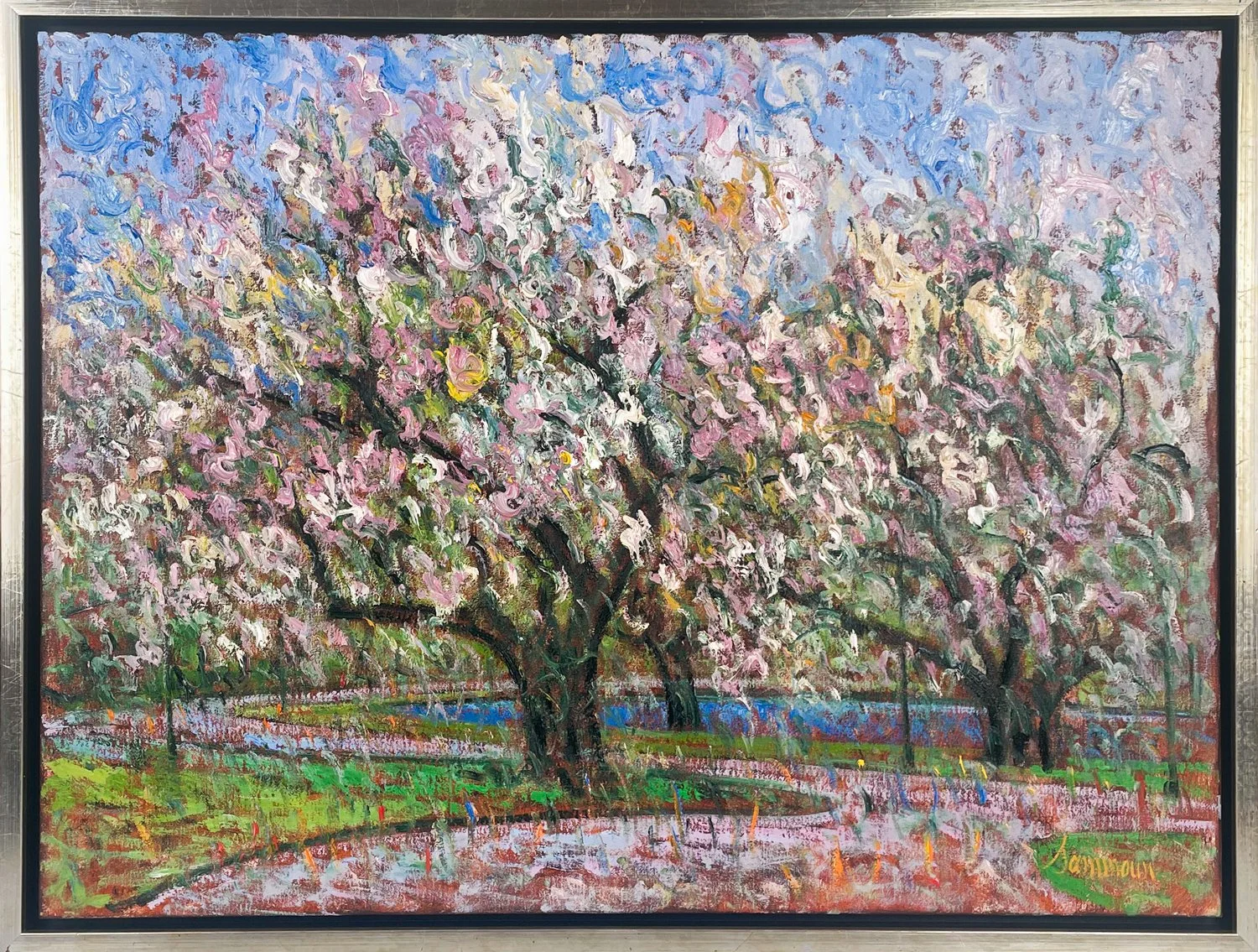 Sammir Sammoun Boston Park, Spring pastel oil painting of flower blossoming trees in boston garden
