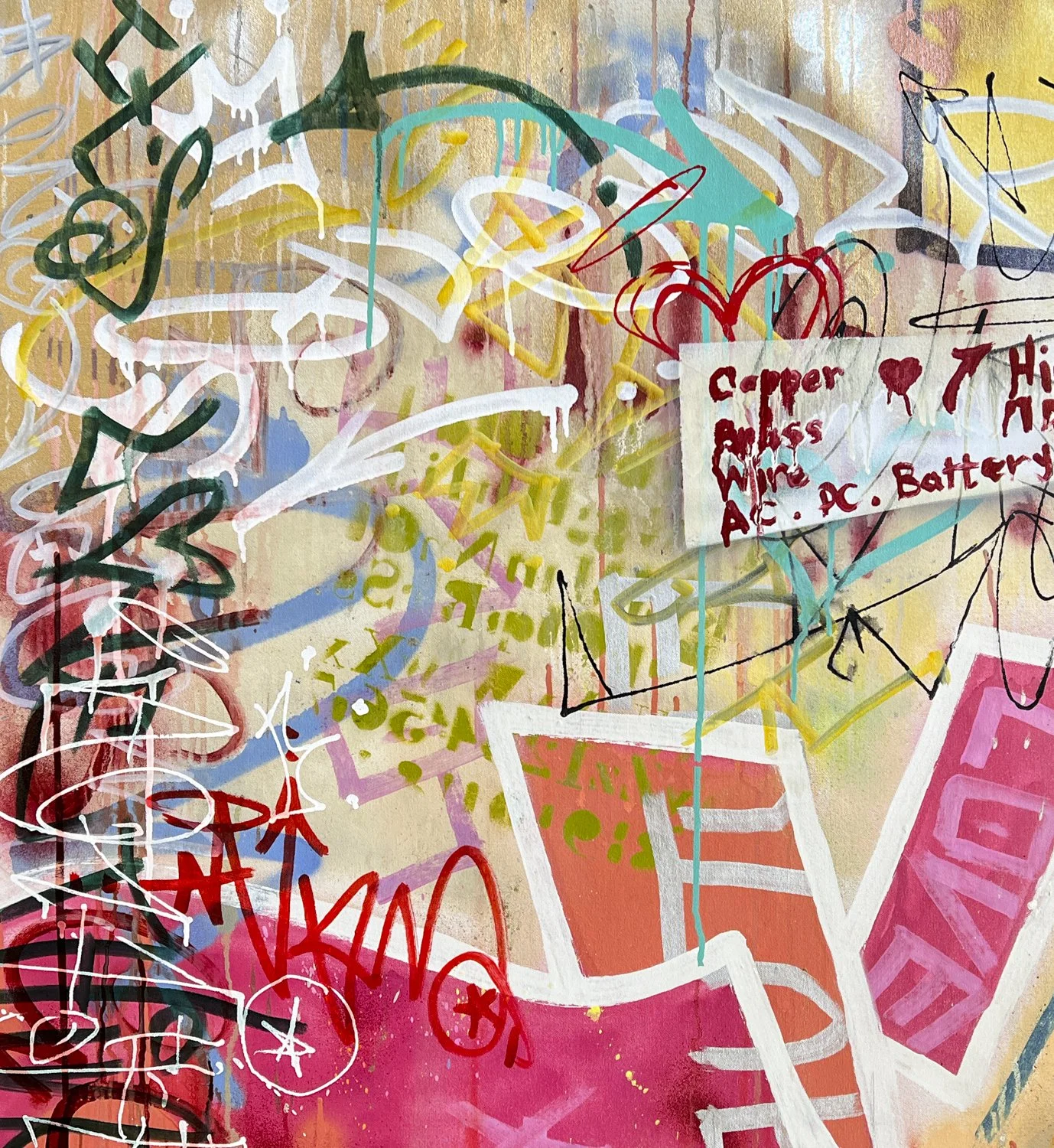 sen-1 copper soul, abstract graffiti painting, layers of text, pinks, copper, white, green, orange, teal, blue