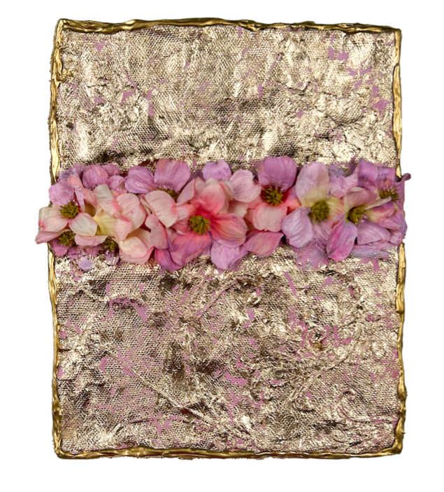 Natasha Zupan - Afterglow #65, mixed media collage with gold, fabric, floral patterns and thick texture