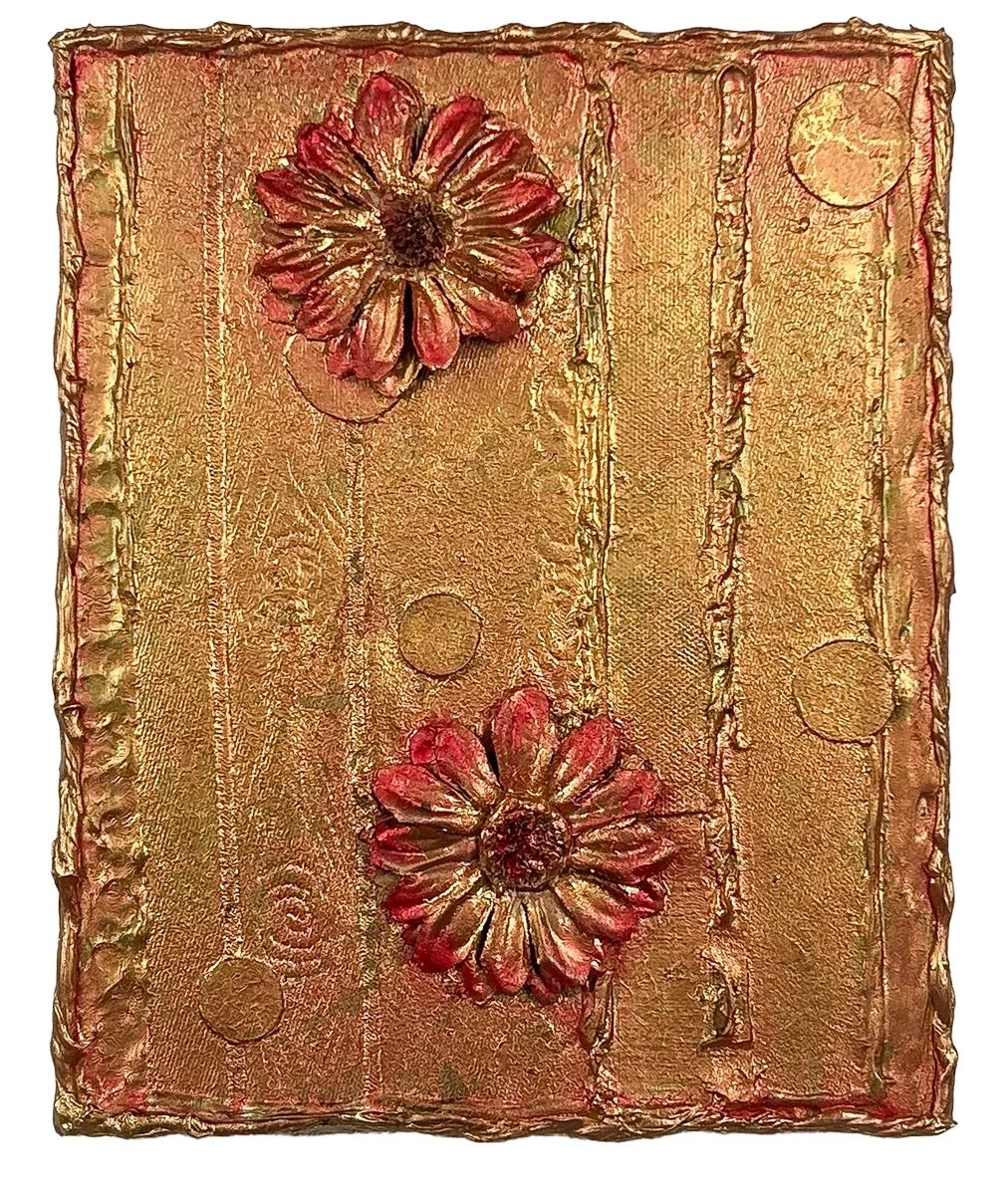 Natasha Zupan - Afterglow #62, mixed media collage with gold, fabric, floral patterns and thick texture