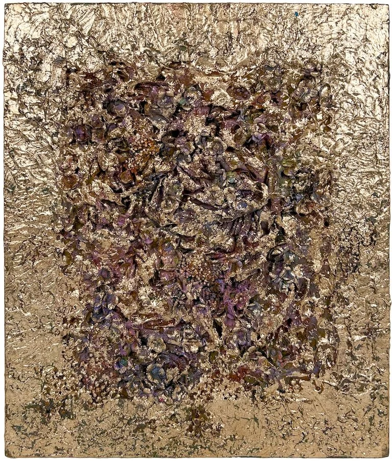 Natasha Zupan - Afterglow #10, mixed media collage on wood in gold with thick textured center