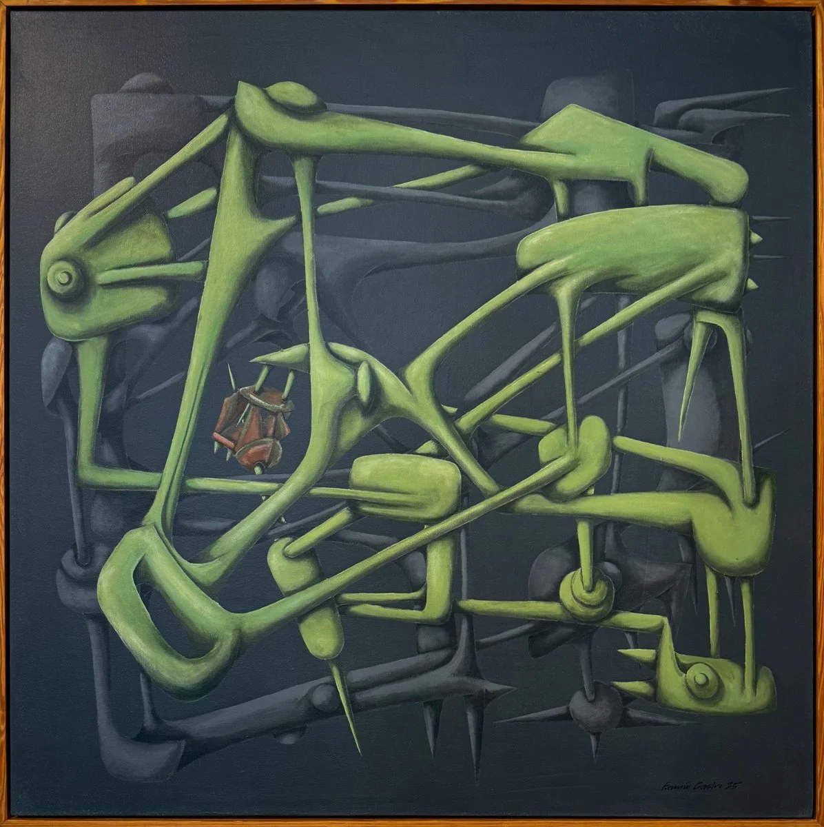 Fermin Castro El Hallazgo abstract surrealistic composition, tube-like forms in light green and dark grey on a dark grey background