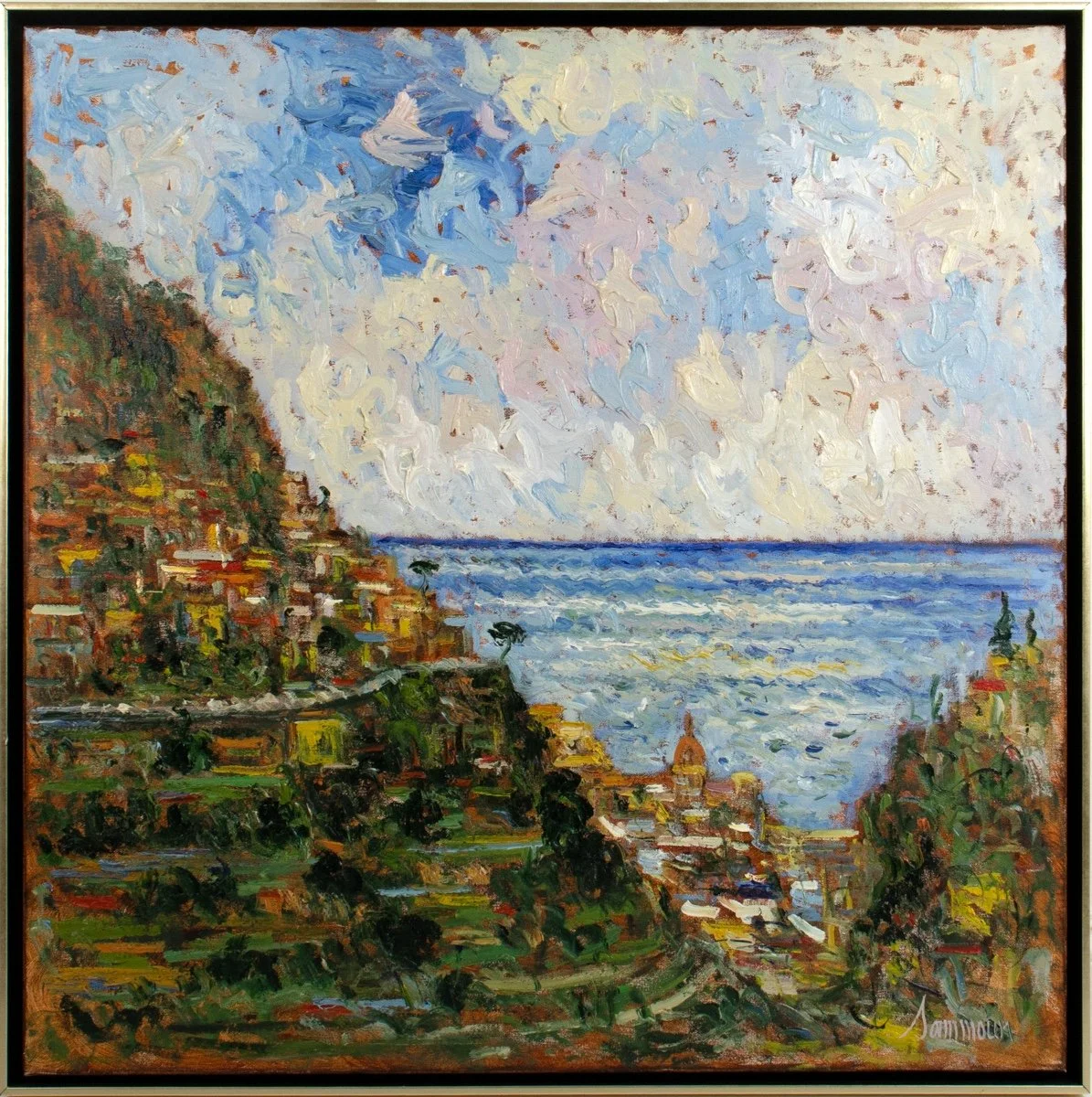 Samir Sammoun Amalfi Coast, impressionist landscape of buildings and roads on a steep hillside with the ocean behind, fluffy clouds in the blue sky