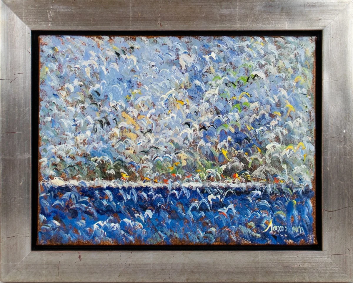 Samir Sammoun Envolée, impressionistic landscape of thousands of bird flying over an ocean