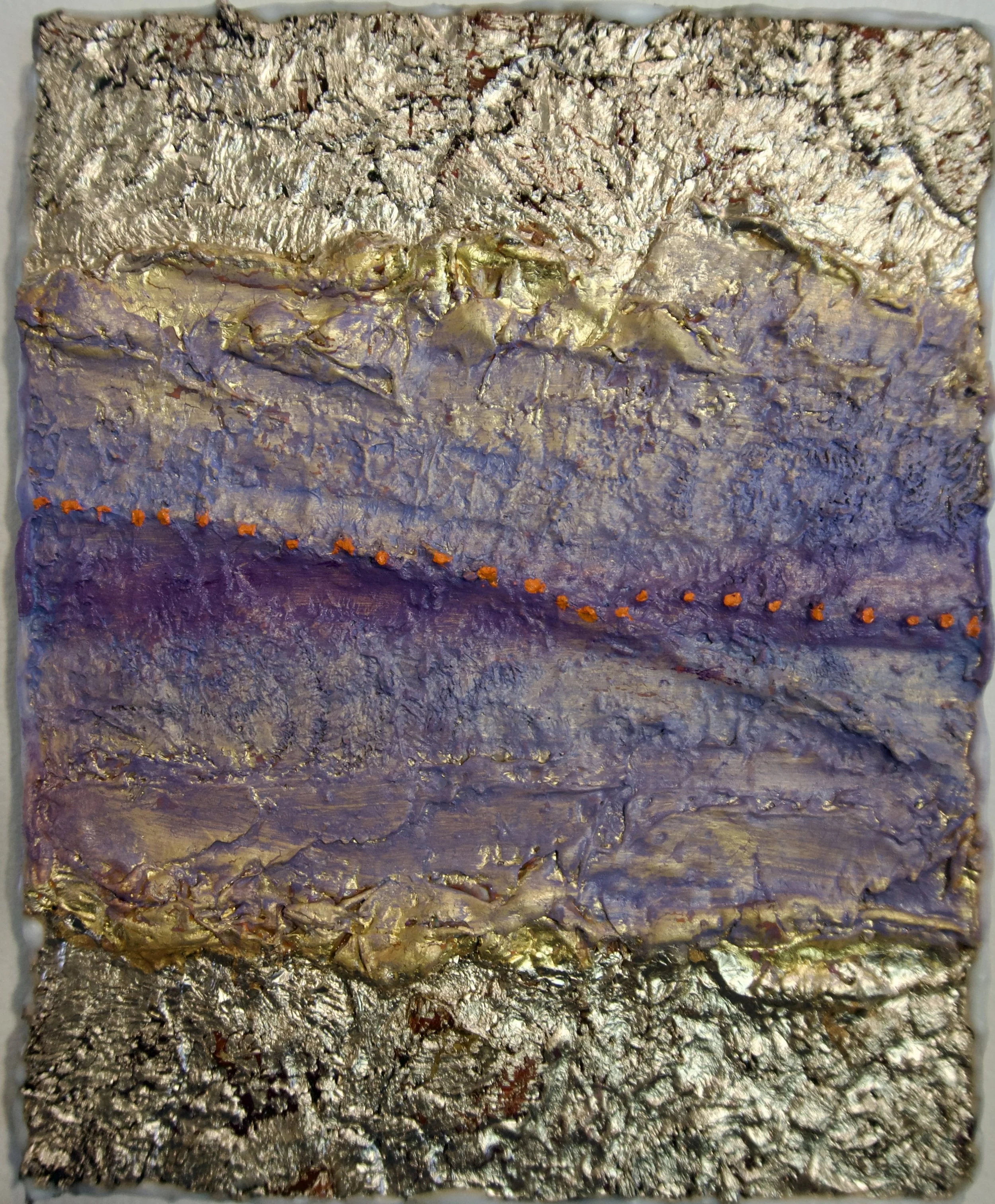 Natasha Zupan - Afterglow #30, mixed media collage in gold leaf with a purple band in center and little red dots in a line