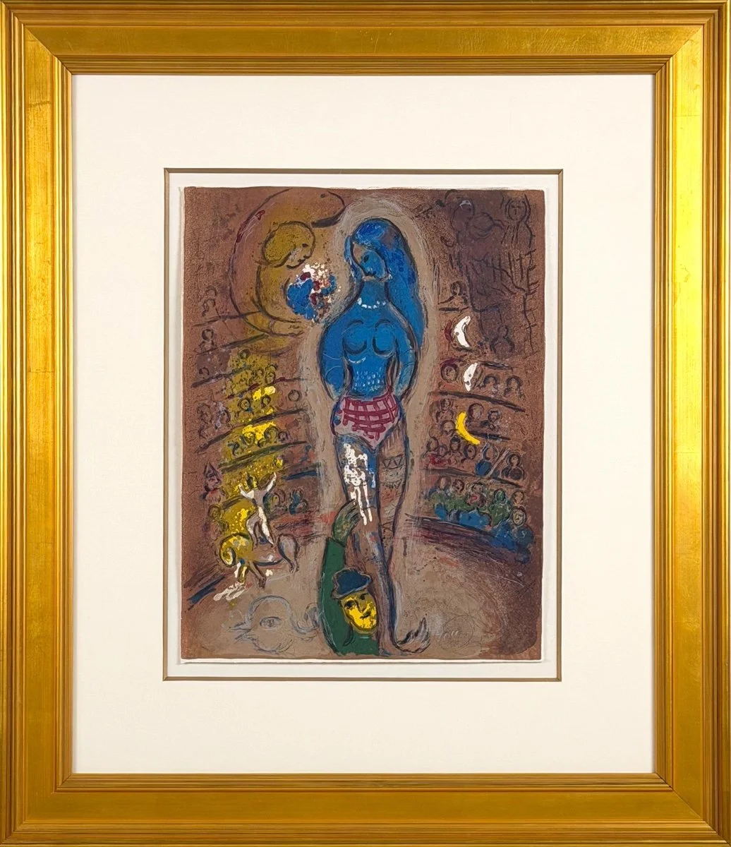 Marc Chagall, untitled, framed lithograph from the circus, women figure in the center of arena