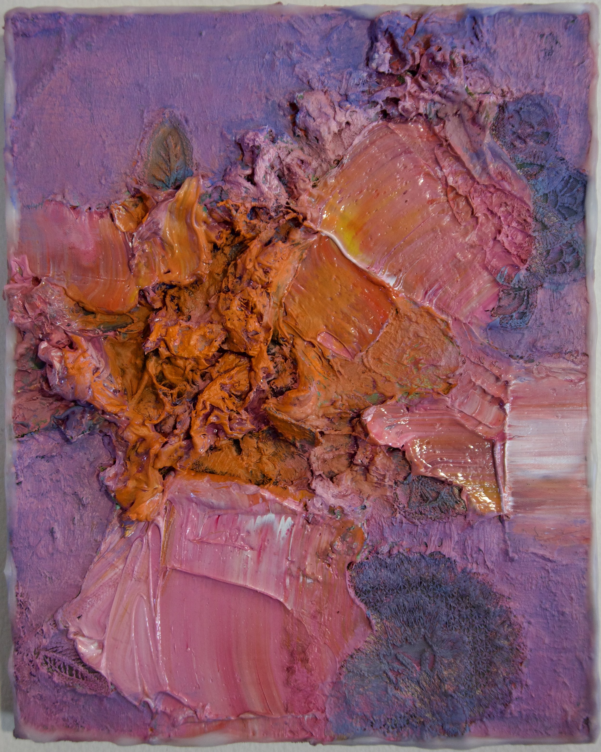 Natasha Zupan - Afterglow #35, mixed media collage with fabric, floral patterns and thick textured paint
