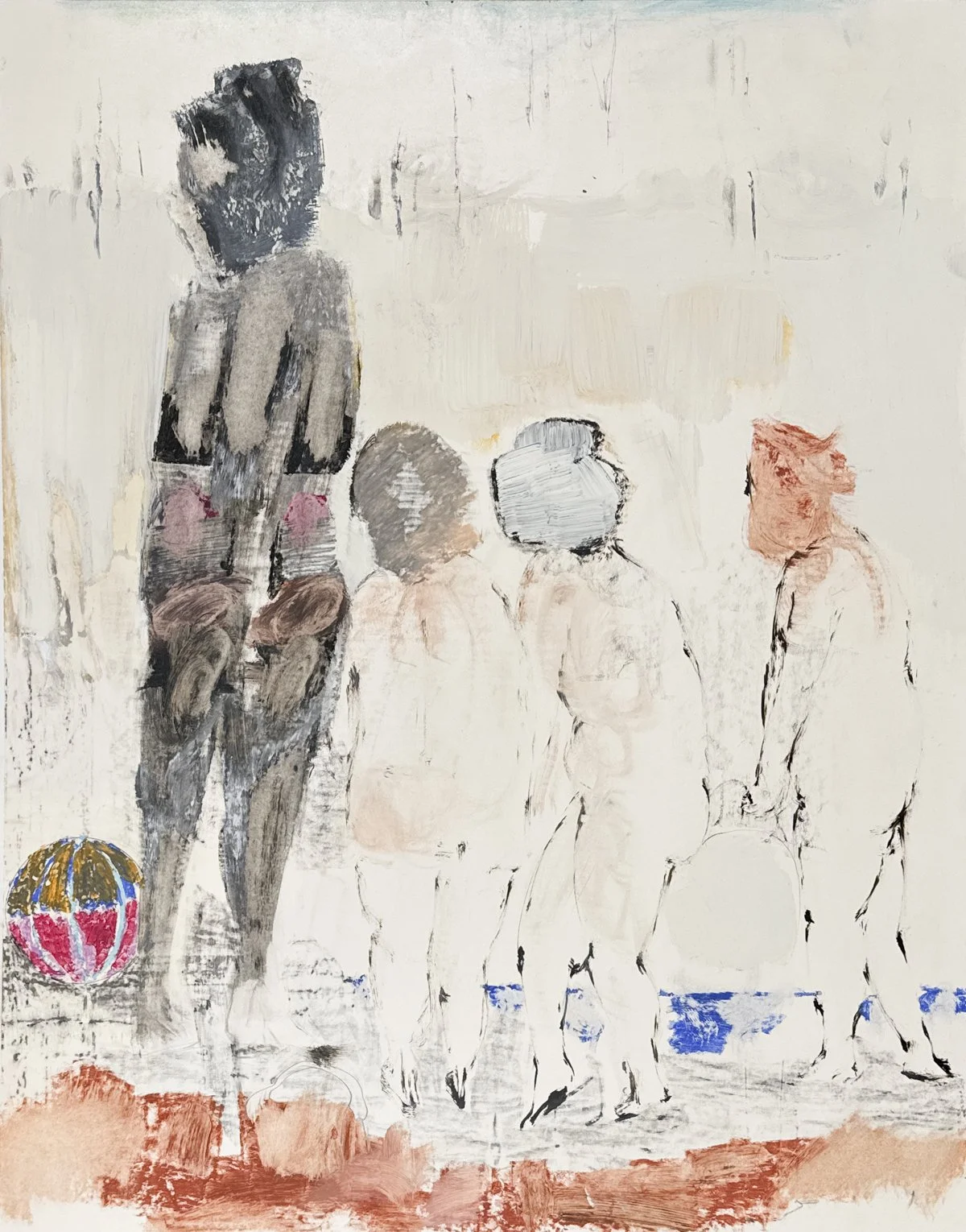 Stanley Boxer Untitled Figure Study (94D-59), abstracted figurative study of four figures on the beach with a ball, orange, brown, pink, black, blue, white