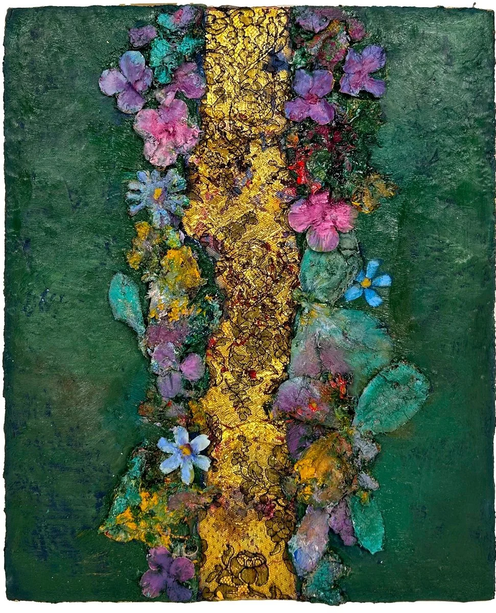 Natasha Zupan - Afterglow #14, mixed media collage on wood with dark forest green and a gold foil strip splitting down the middle with florals along the seams