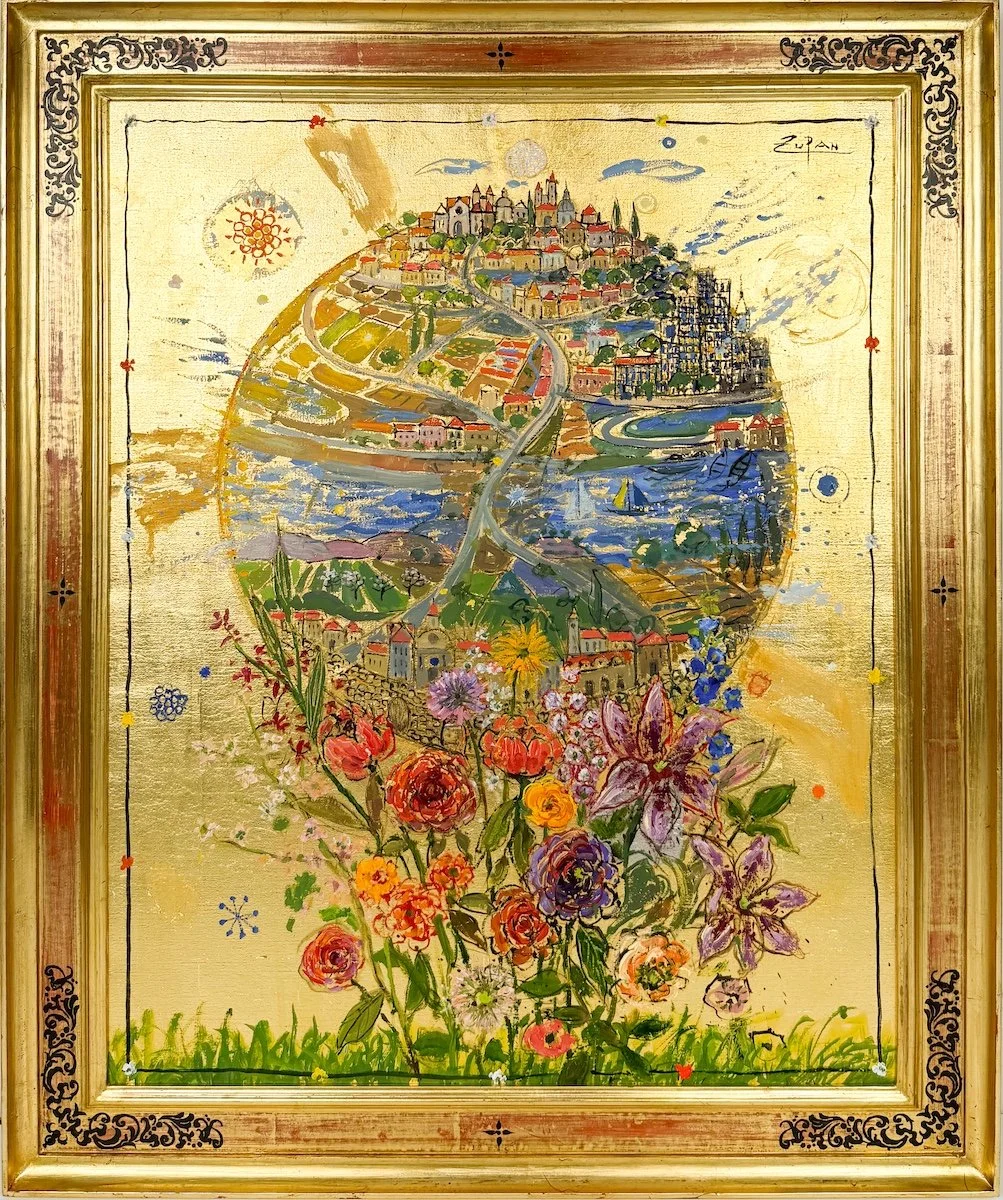 Bruno Zupan The Earth in a Bouquet, framed impressionist oil painting with gold leaf, circle illustration of the world floating above colorful assortment of flowers