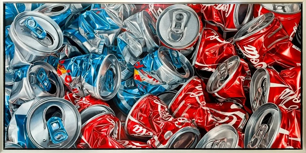 Elena Molinari - 72A, hyper realistic oil painting of crushed coke and redbull cans