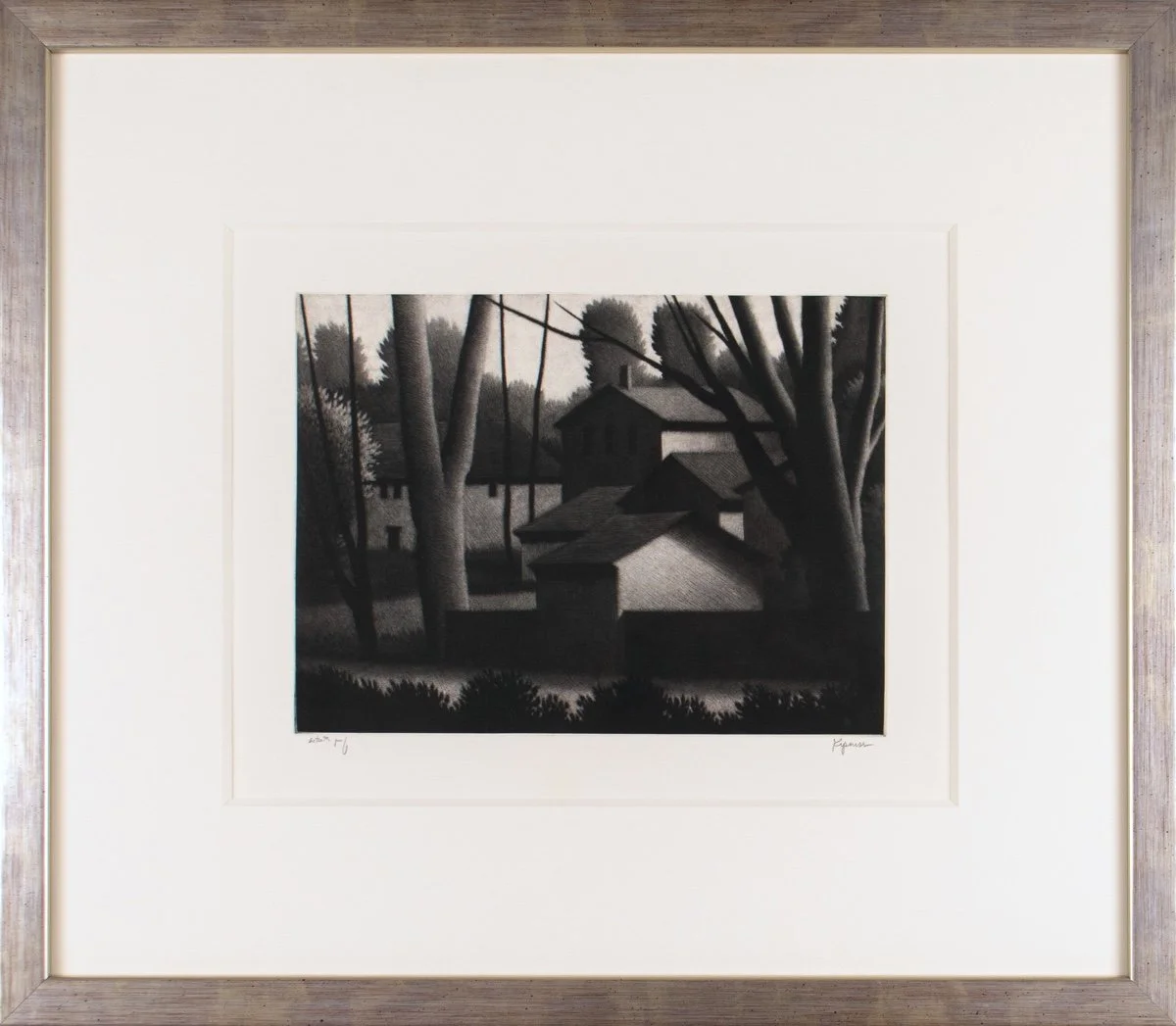 Robert Kipniss Backyard, Elsah, framed mezzotint of backyard view of houses and trees