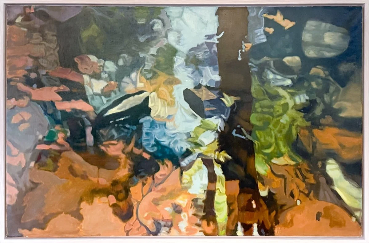 Ralph Wickiser Floating, abstract oil painting of reflections through water in a rocky stream with sunlight shadows and leaves floating