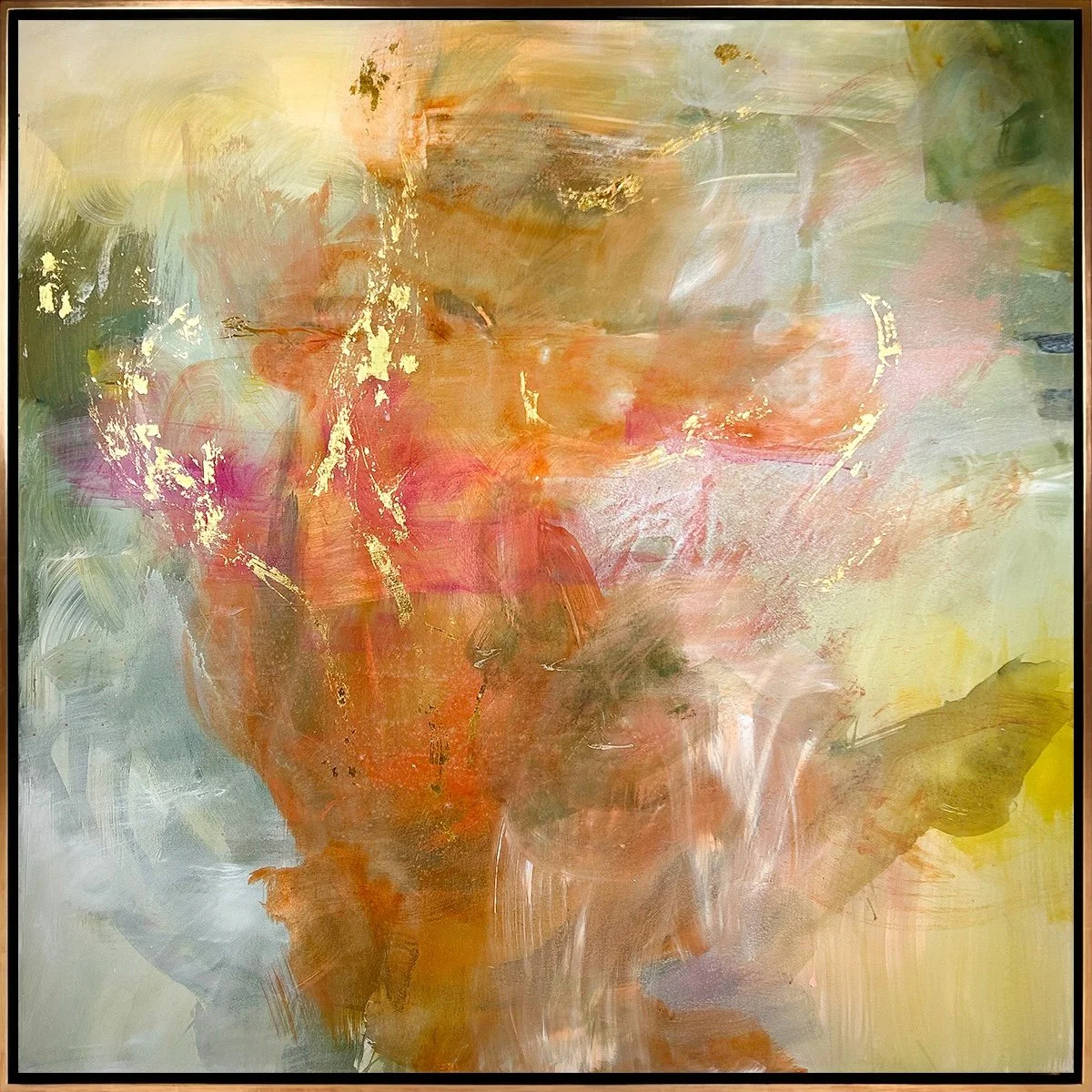 Abstract painting of atmospheric washes of color in orange and yellow with hints of green and gold leaf.
