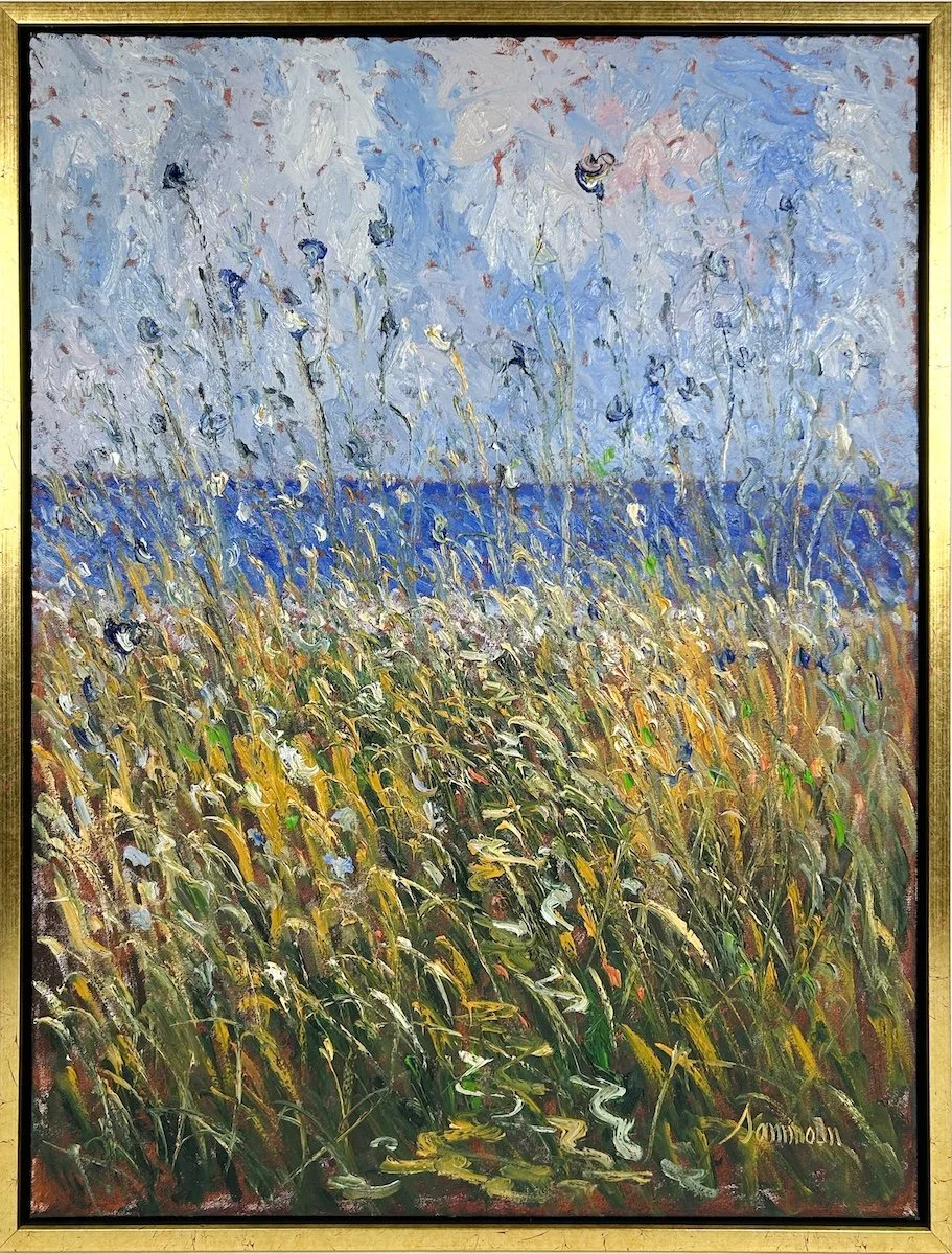 Samir Sammoun  Summer at the Seashore, impressionist style oil painting view of the seashore in summer from a grassy yellow field