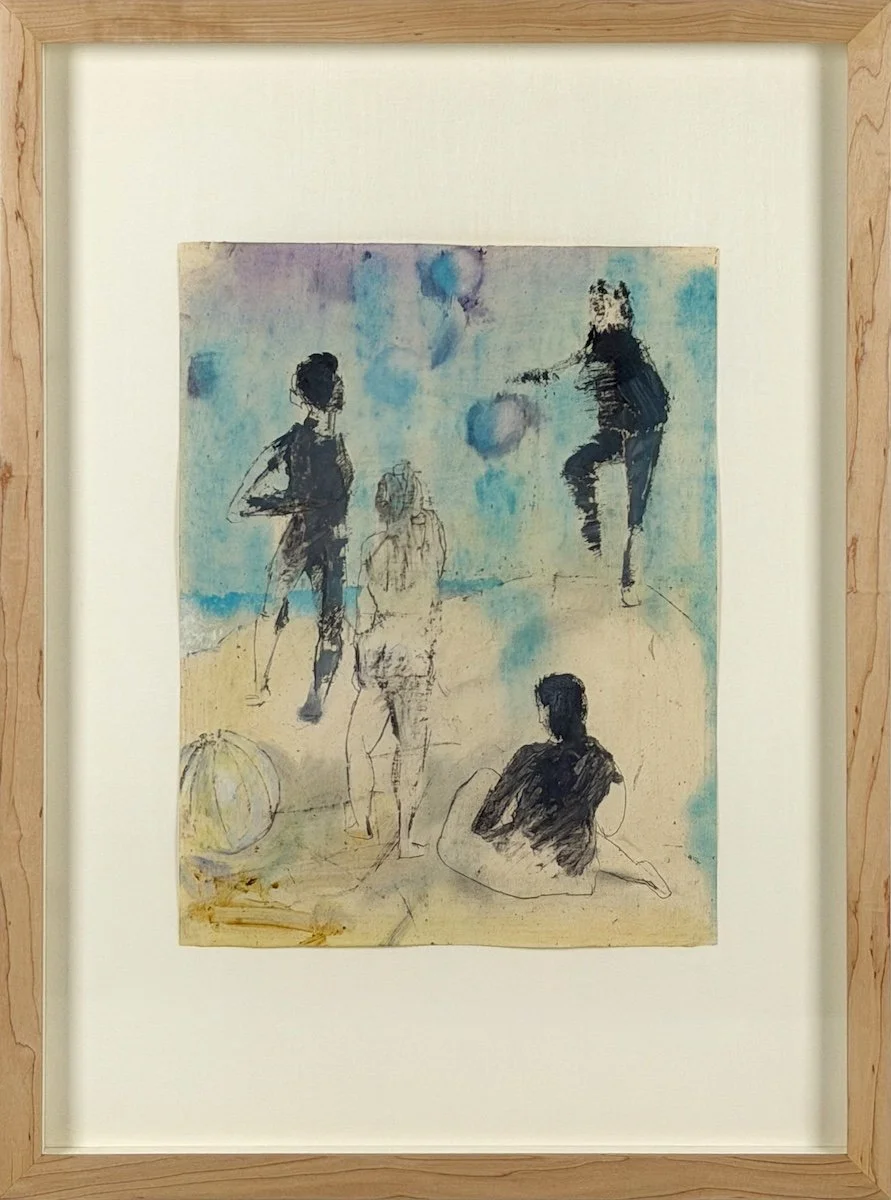 Stanley Boxer Untitled Figure Study (310D-61), abstract figurative study of four figures standing and sitting, shades of blue, purple, black and yellow