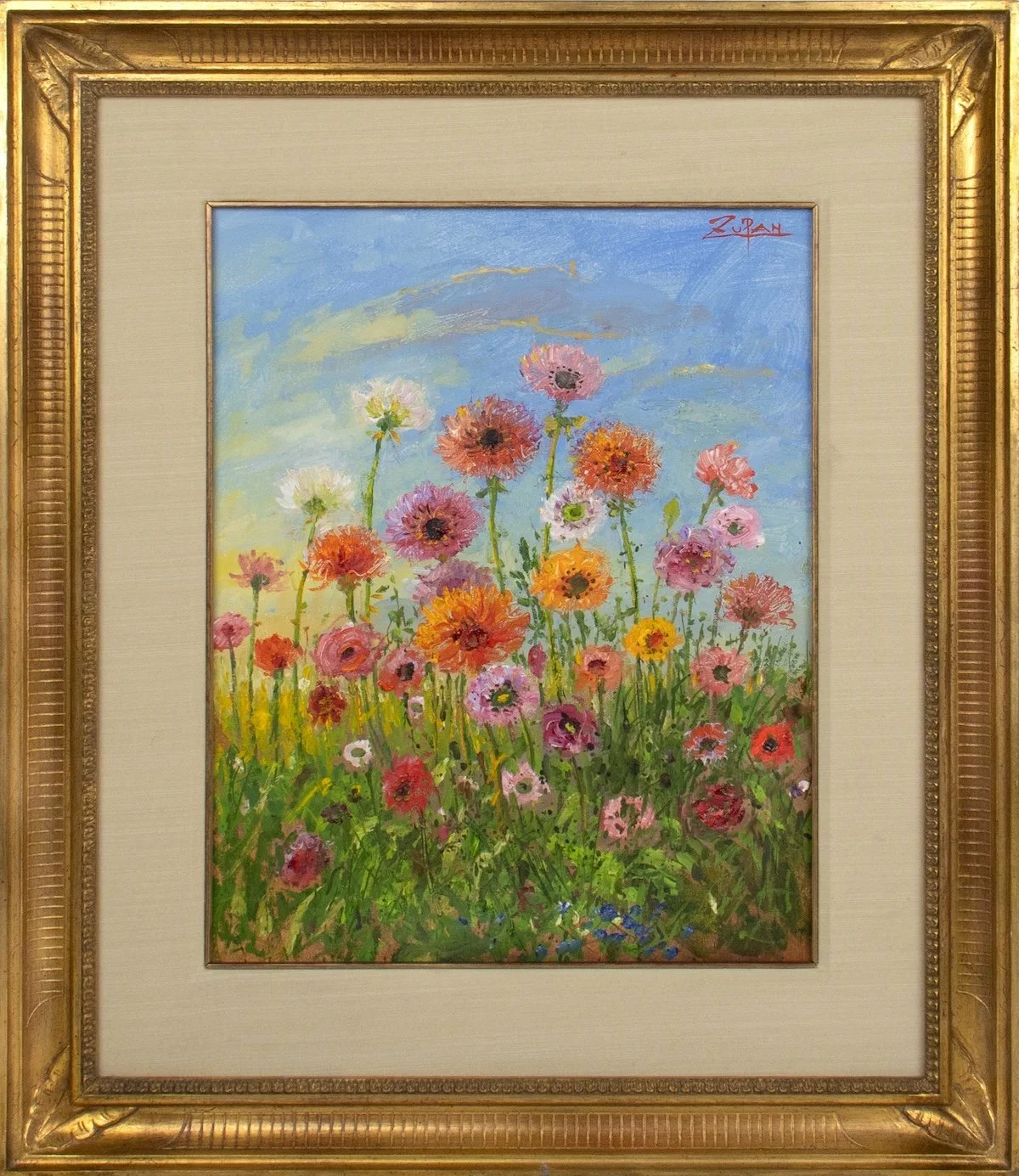Bruno zupan flowers, impressionist field of vibrant wild flowers, blue sky