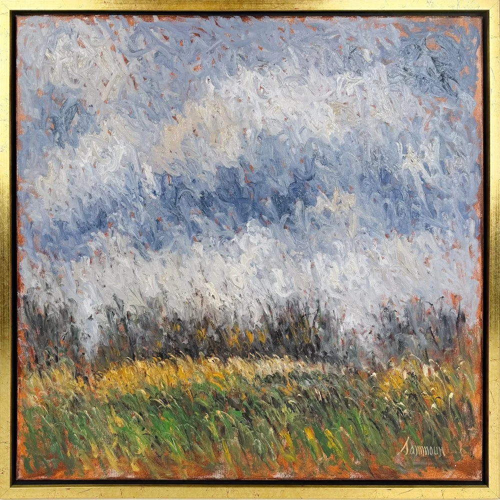 Samir Sammoun  Wild Atmosphere, framed, impressionist oil painting of a yellow and green field with blue grey skies above
