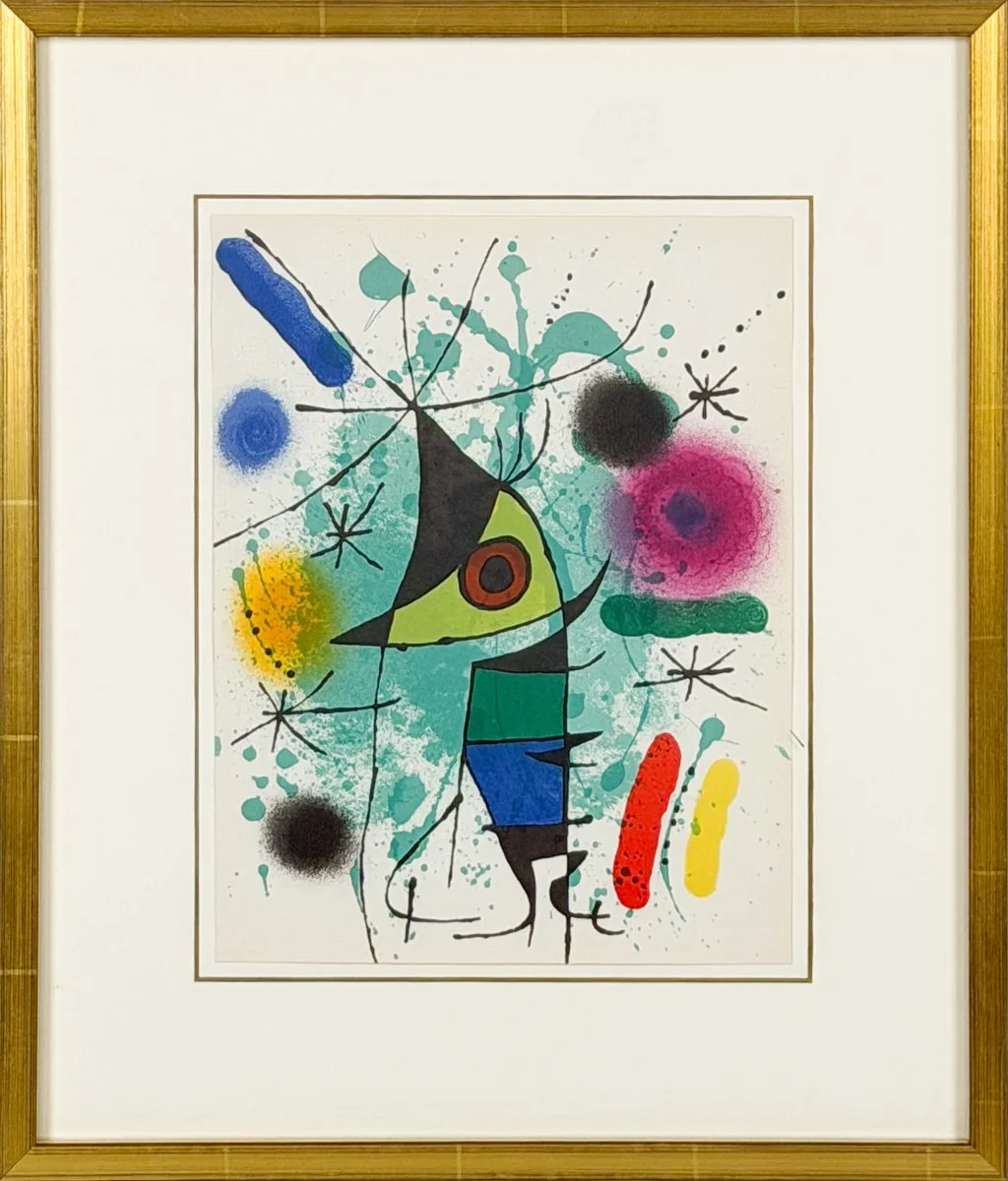 joan miro, untitled, abstract surrealistic composition, teal spatter over red, yellow, blue, green and black forms
