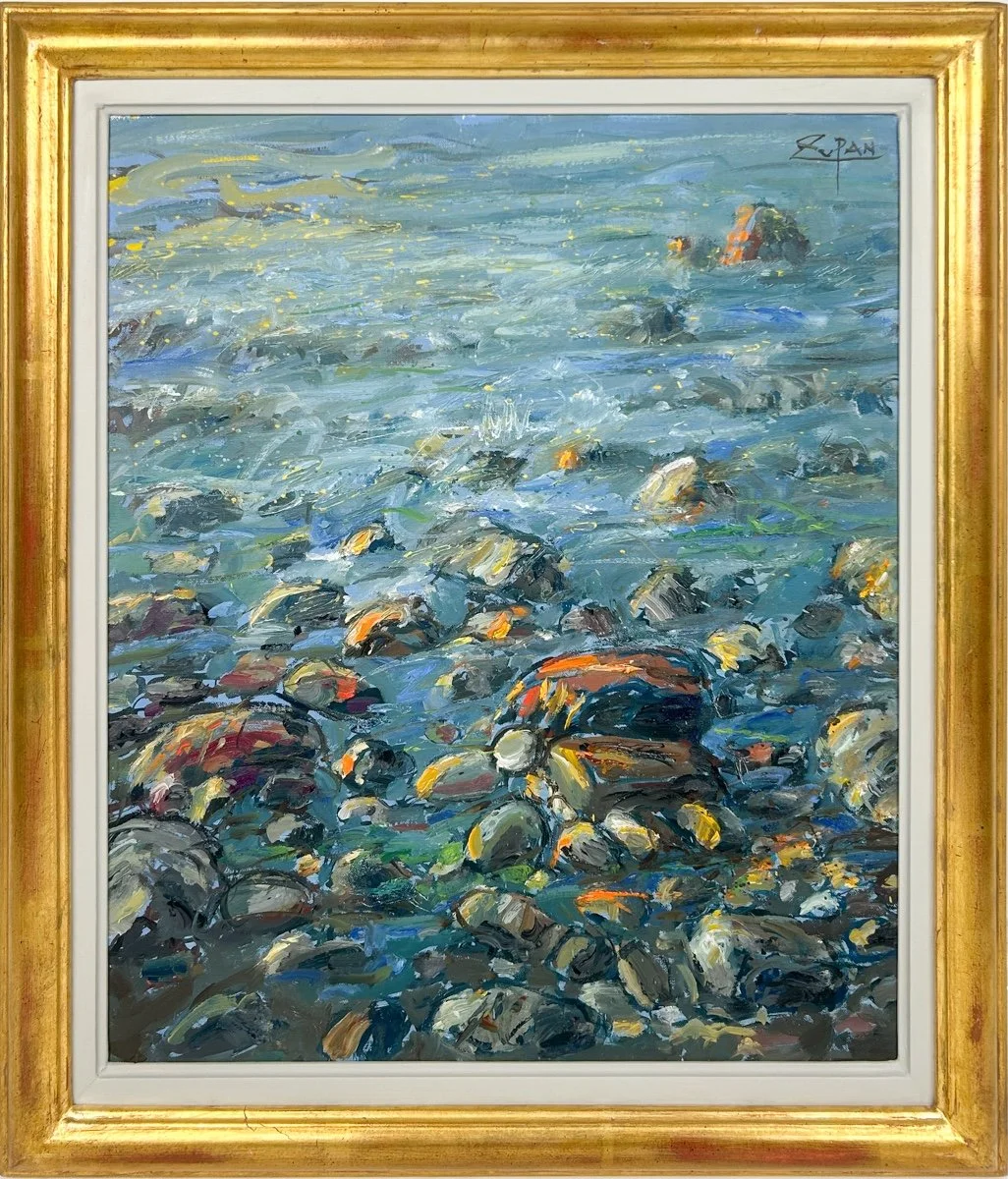 Bruno Zupan Summer Sea, impressionist oil painting of rocky sea shore