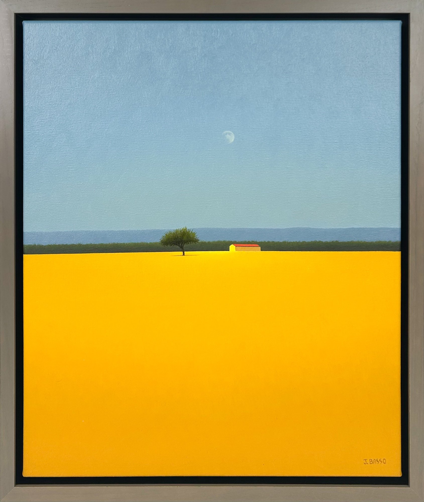 José Basso Luna de dia, oil painting with blue sky and yellow ground with tree and house