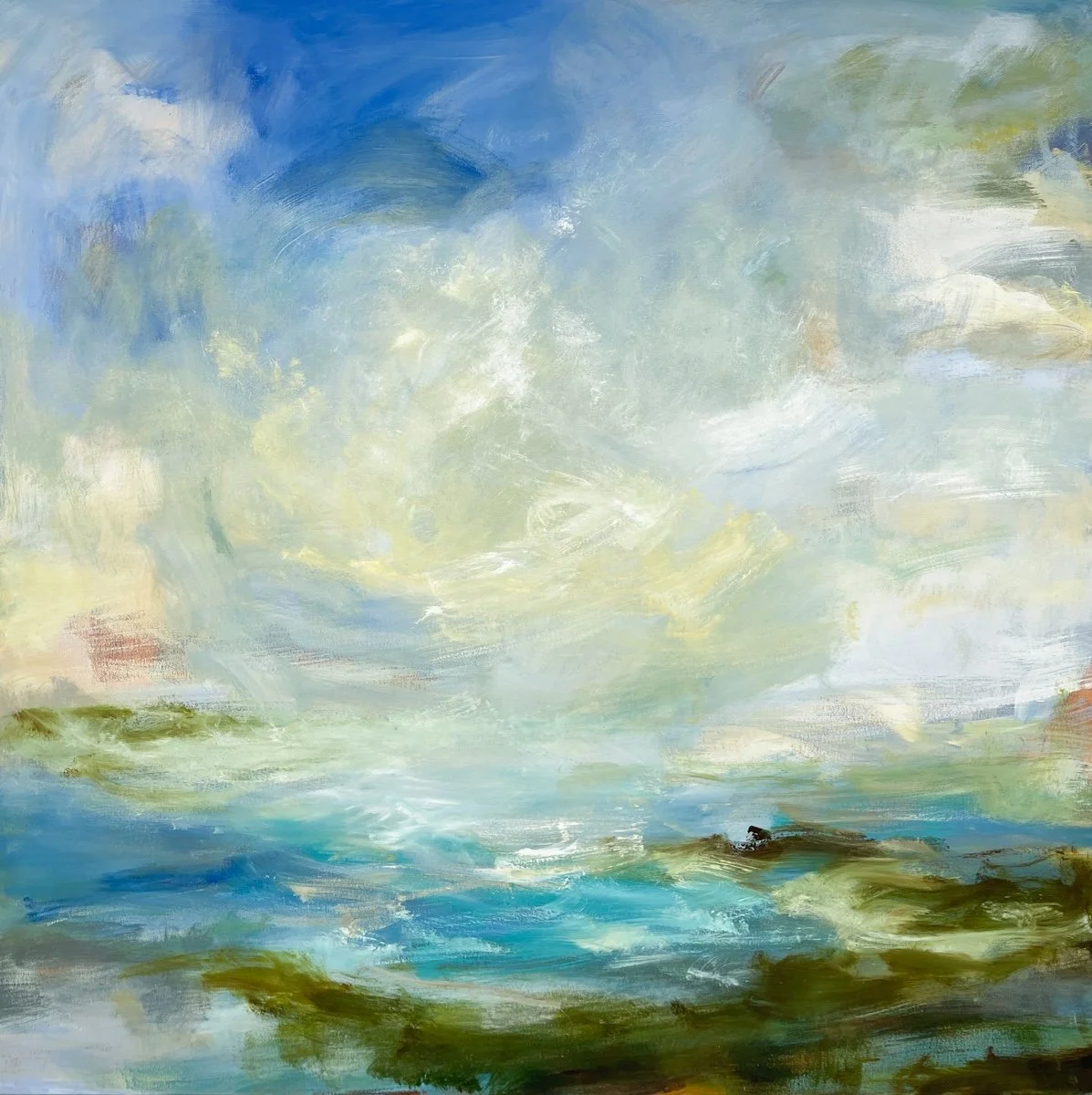 Abstract painting of a sky with swirling clouds, soft colors of blue, purple, white, green, and hints of orange and yellow.