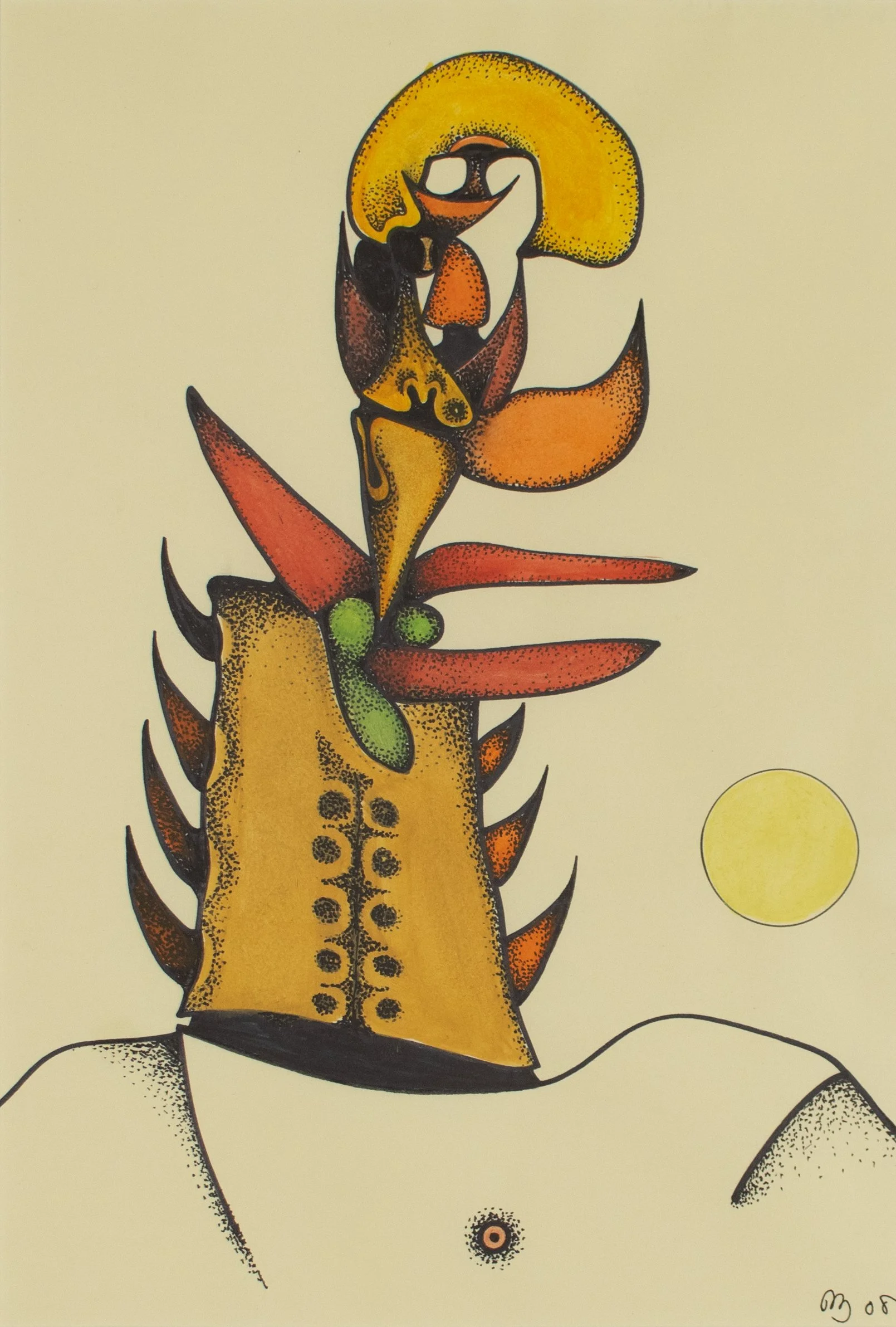 Desmond Morris, FULFILLER, abstract biomorphic form in watercolor on yellow paper