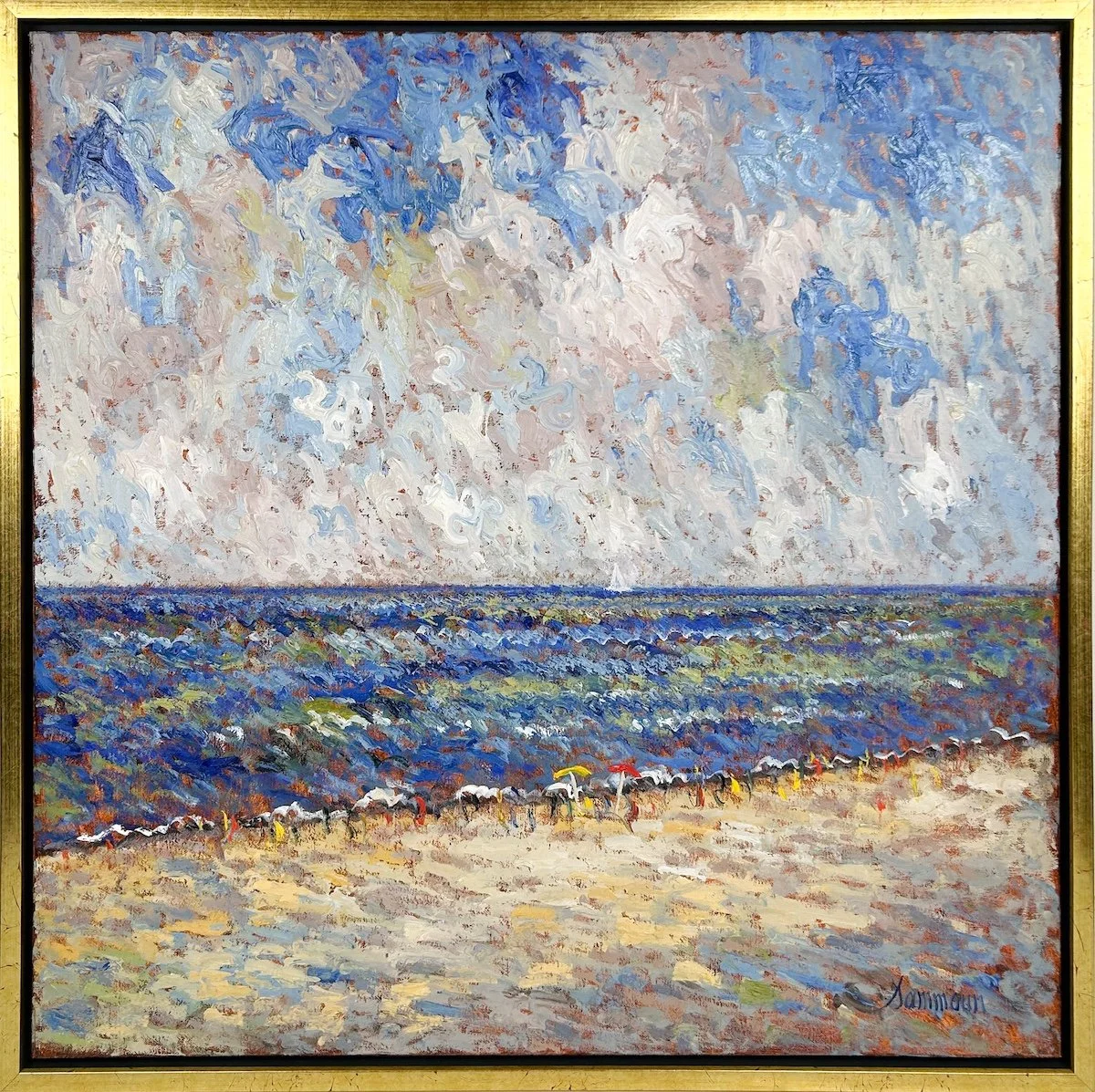 Samir Sammoun  At the Beach, impressionist style oil painting of a beach landscape on a perfect summer day